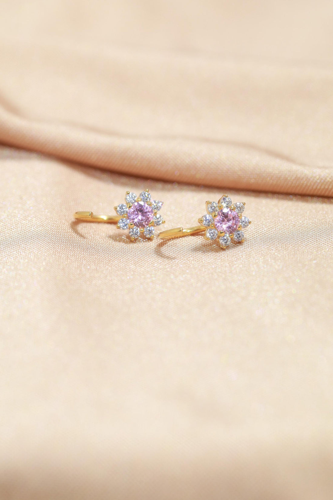 Pink Sapphire Open Huggie Earrings, Floral Open Hoops, Cluster Earrings, September Birthstone Gift for Her