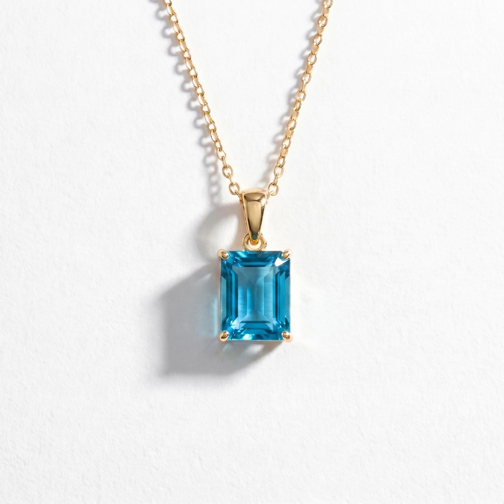 Blue Topaz Emerald Cut Pendant Necklace | 14K Gold Dainty Jewelry | December Birthstone Gift for Her