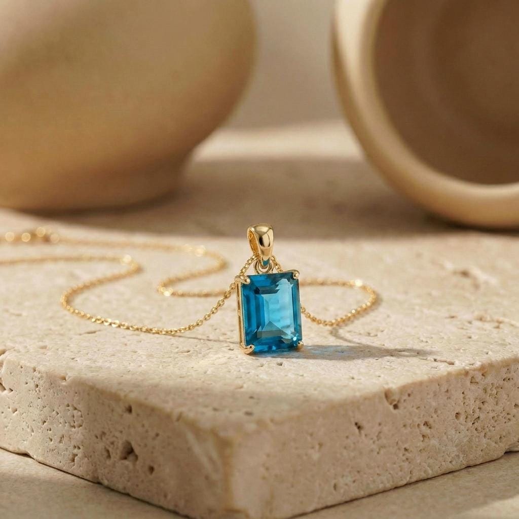 Blue Topaz Emerald Cut Pendant Necklace | 14K Gold Dainty Jewelry | December Birthstone Gift for Her