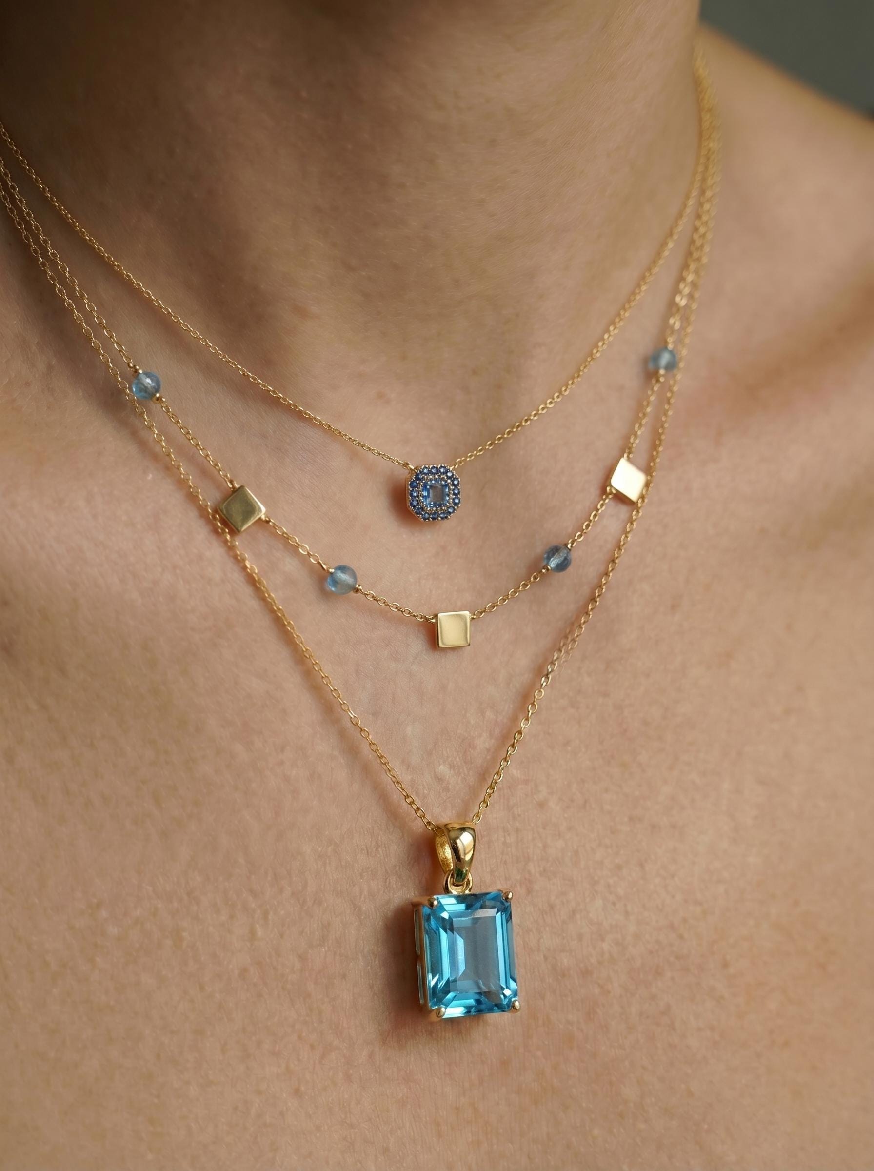 Blue Topaz Emerald Cut Pendant Necklace | 14K Gold Dainty Jewelry | December Birthstone Gift for Her