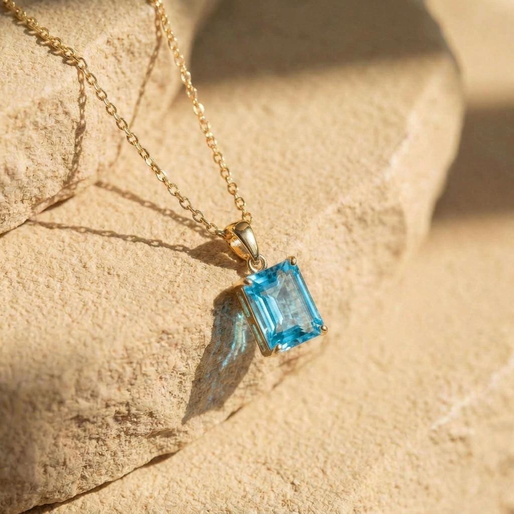 Blue Topaz Emerald Cut Pendant Necklace | 14K Gold Dainty Jewelry | December Birthstone Gift for Her