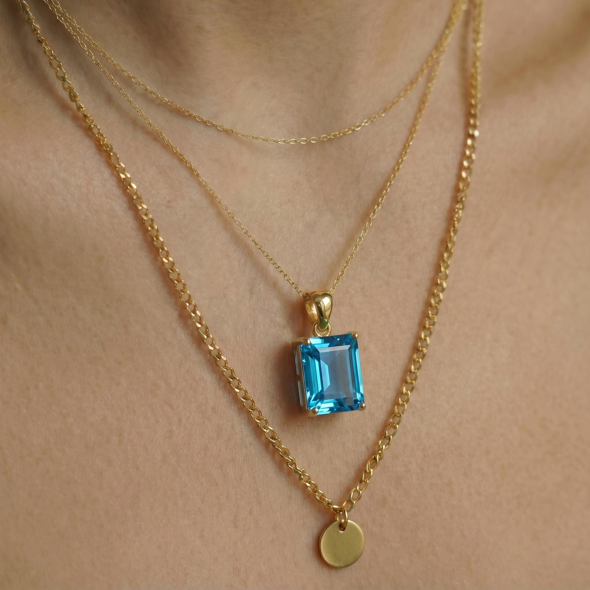 Blue Topaz Emerald Cut Pendant Necklace | 14K Gold Dainty Jewelry | December Birthstone Gift for Her