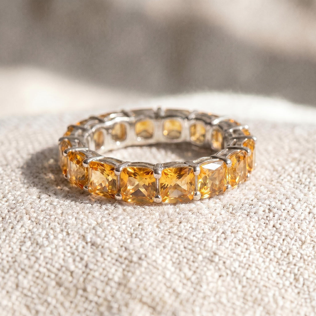 Cushion Cut Citrine Wedding Band, Full Eternity Stacking Ring for Women, 18K Gold Matching Ring, November Birthstone Gift