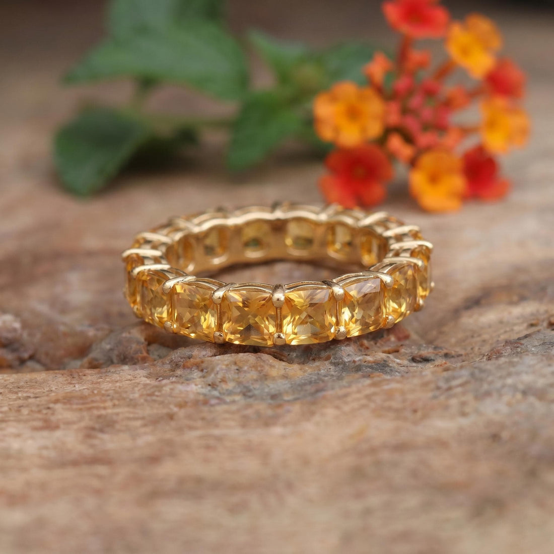 Cushion Cut Citrine Wedding Band, Full Eternity Stacking Ring for Women, 18K Gold Matching Ring, November Birthstone Gift