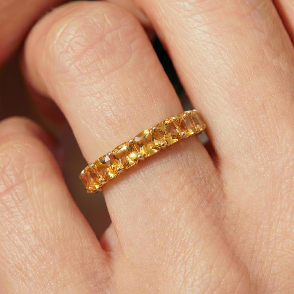 Cushion Cut Citrine Wedding Band, Full Eternity Stacking Ring for Women, 18K Gold Matching Ring, November Birthstone Gift