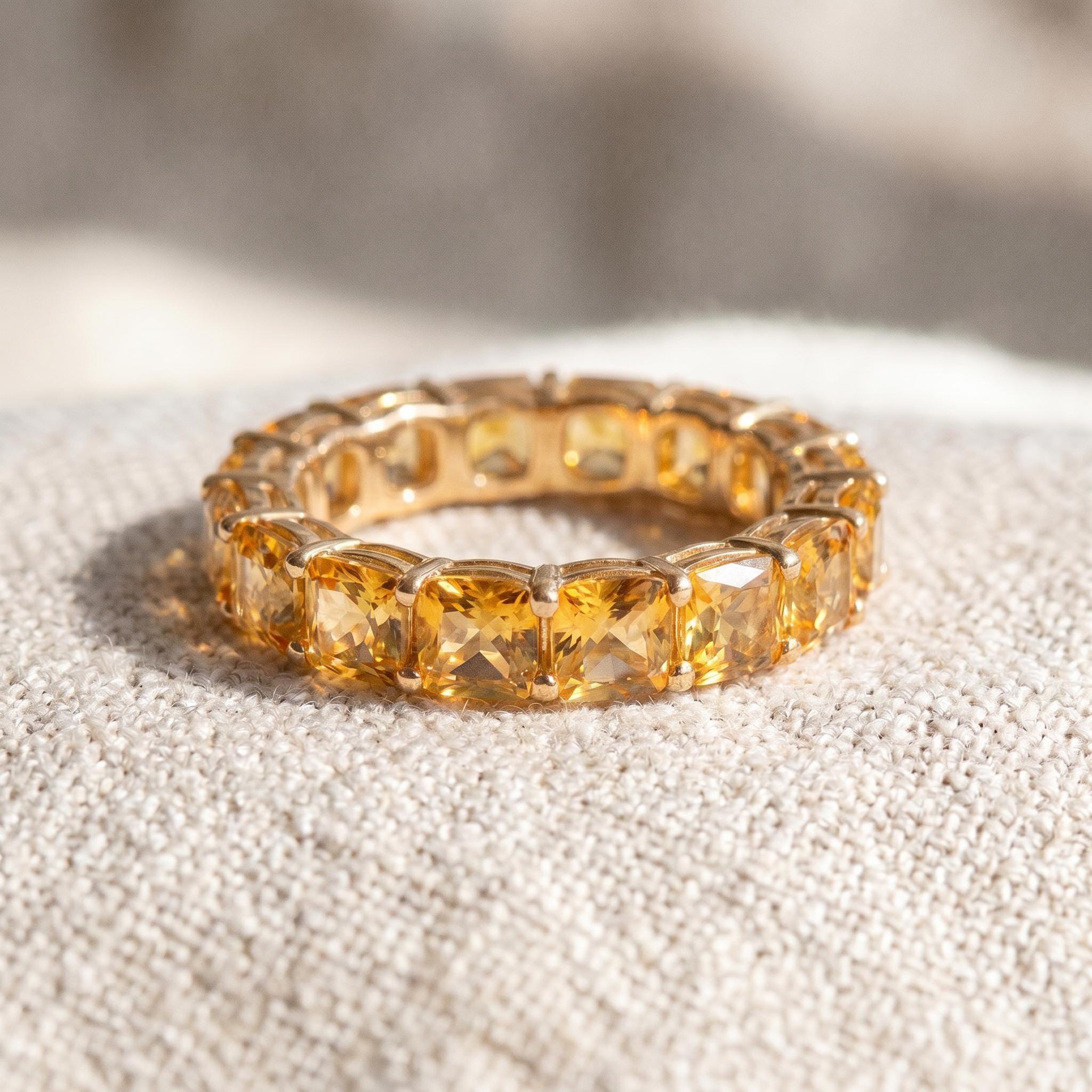 Cushion Cut Citrine Wedding Band, Full Eternity Stacking Ring for Women, 18K Gold Matching Ring, November Birthstone Gift