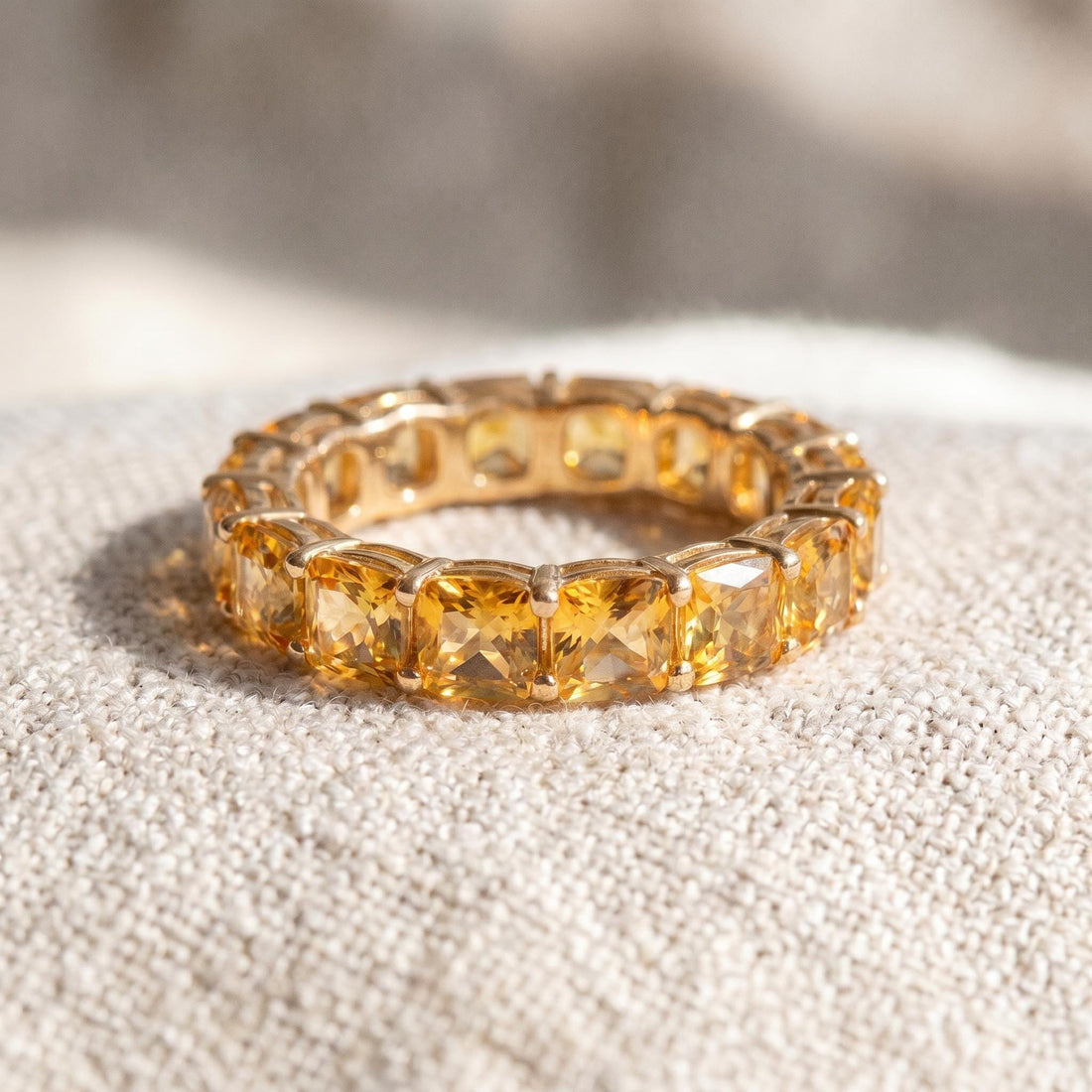 Cushion Cut Citrine Wedding Band, Full Eternity Stacking Ring for Women, 18K Gold Matching Ring, November Birthstone Gift