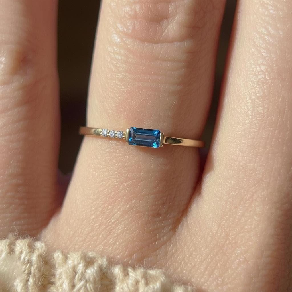 Baguette Blue Zircon Ring | Dainty Minimalist December Birthstone Ring | Personalized Gift for Mom