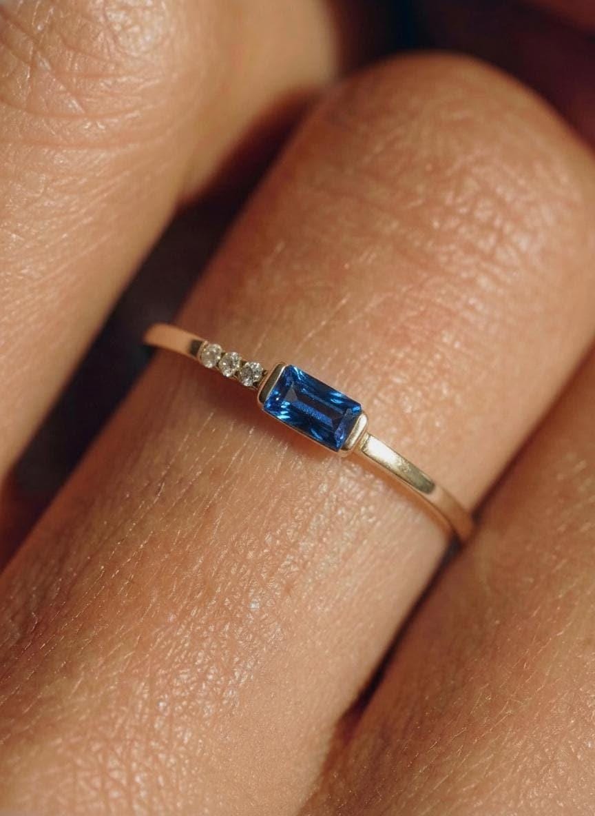 Baguette Blue Zircon Ring | Dainty Minimalist December Birthstone Ring | Personalized Gift for Mom