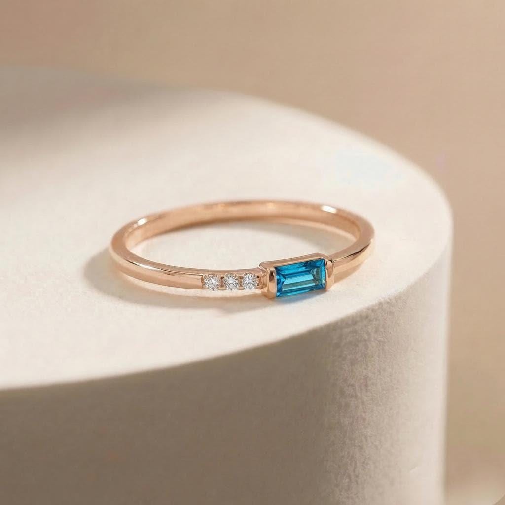 Baguette Blue Zircon Ring | Dainty Minimalist December Birthstone Ring | Personalized Gift for Mom