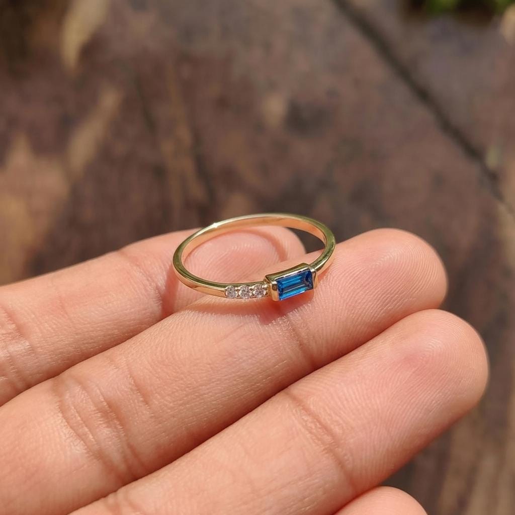 Baguette Blue Zircon Ring | Dainty Minimalist December Birthstone Ring | Personalized Gift for Mom