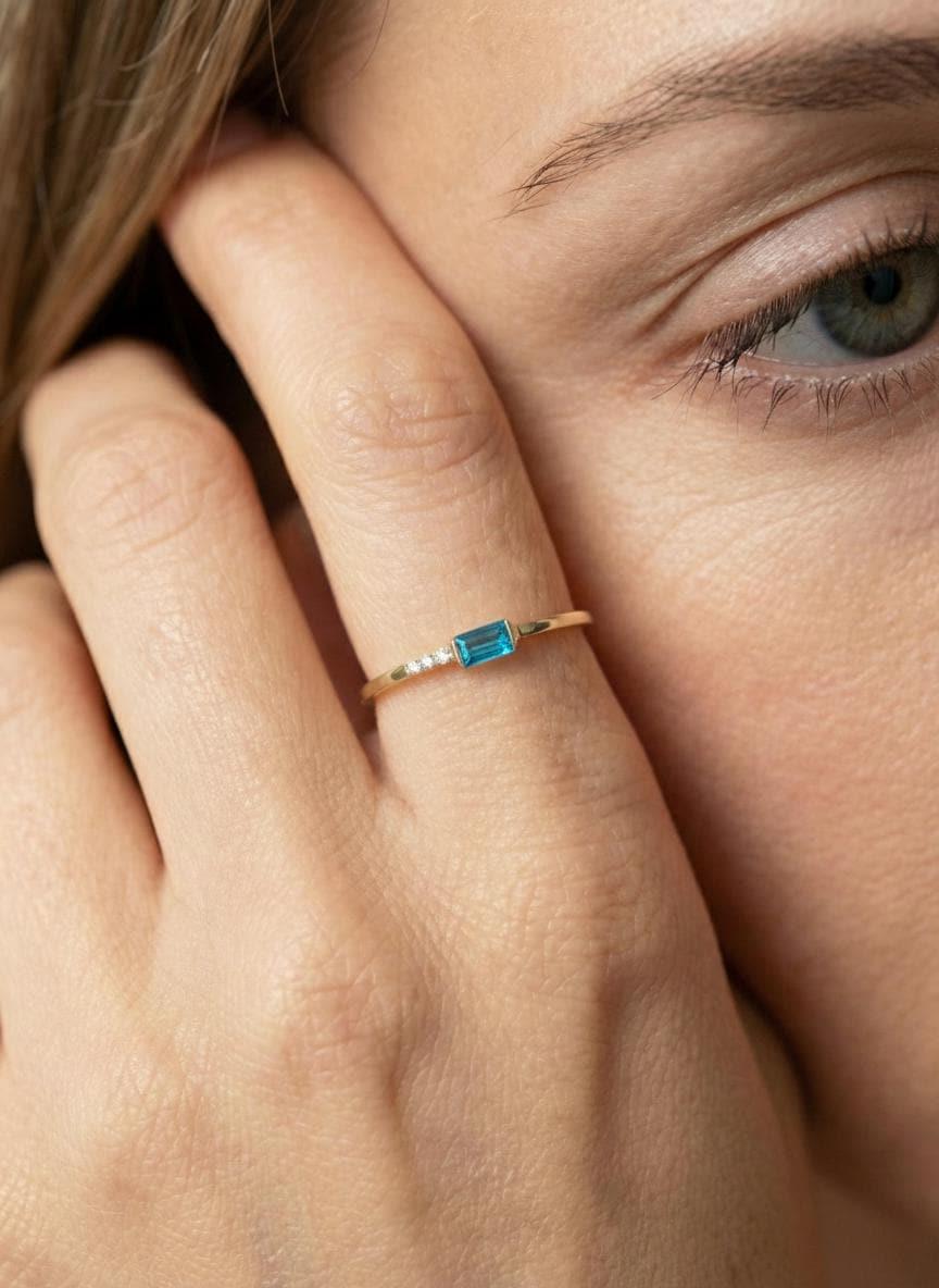 Baguette Blue Zircon Ring | Dainty Minimalist December Birthstone Ring | Personalized Gift for Mom