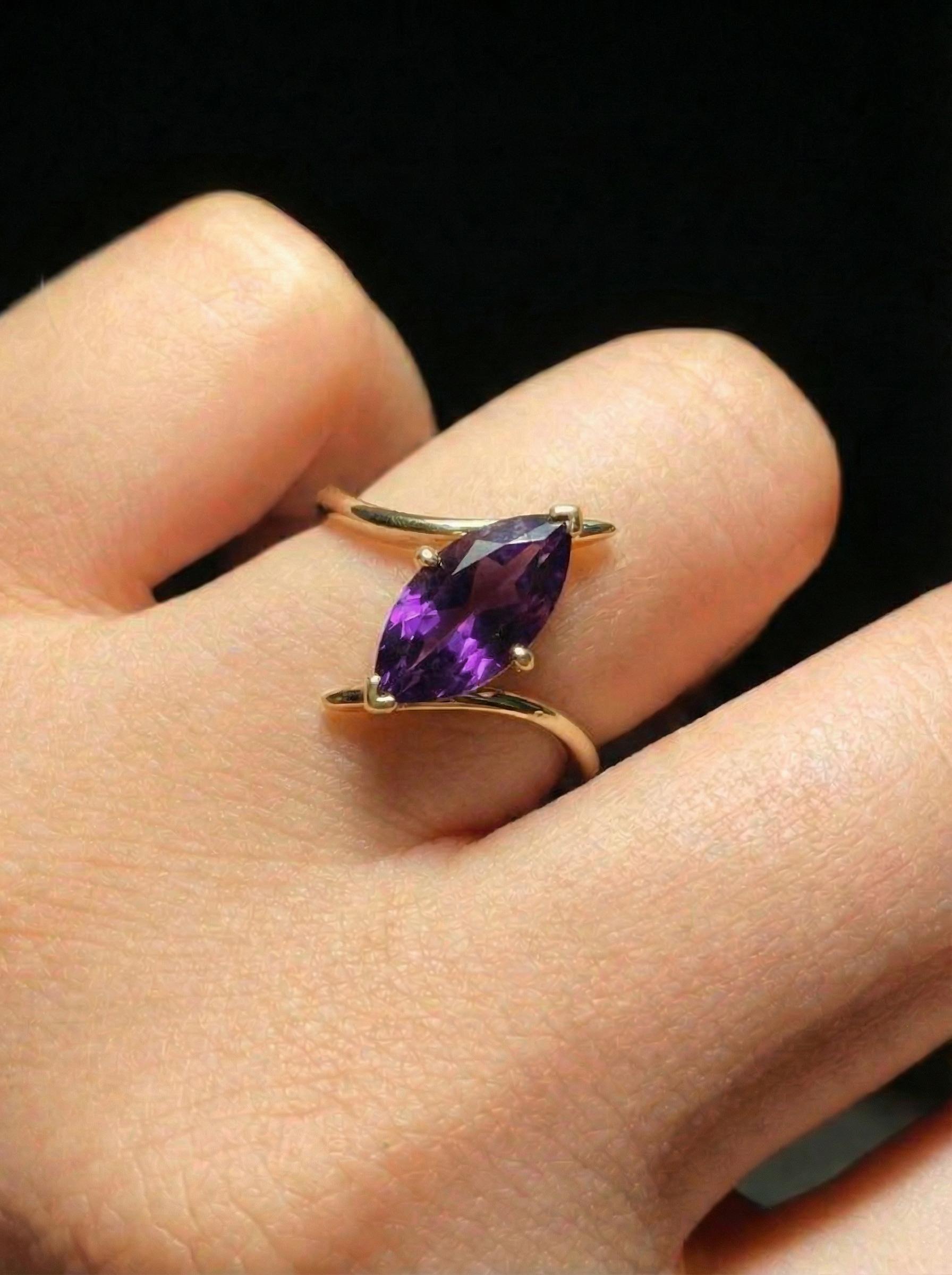 Marquise Amethyst Solitaire Ring 1.5ct | Curved Bypass 14K Gold Ring | February Birthstone Nature-Inspired Jewelry