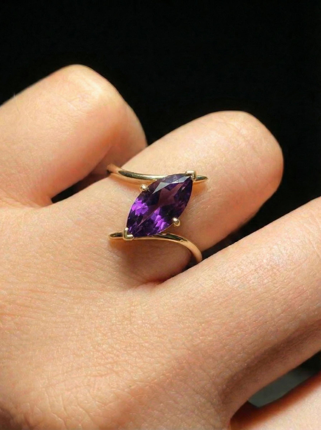 Marquise Amethyst Solitaire Ring 1.5ct | Curved Bypass 14K Gold Ring | February Birthstone Nature-Inspired Jewelry