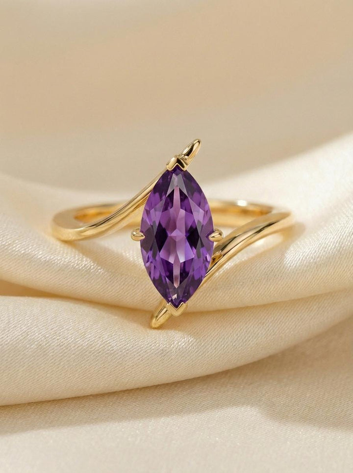 Marquise Amethyst Solitaire Ring 1.5ct | Curved Bypass 14K Gold Ring | February Birthstone Nature-Inspired Jewelry
