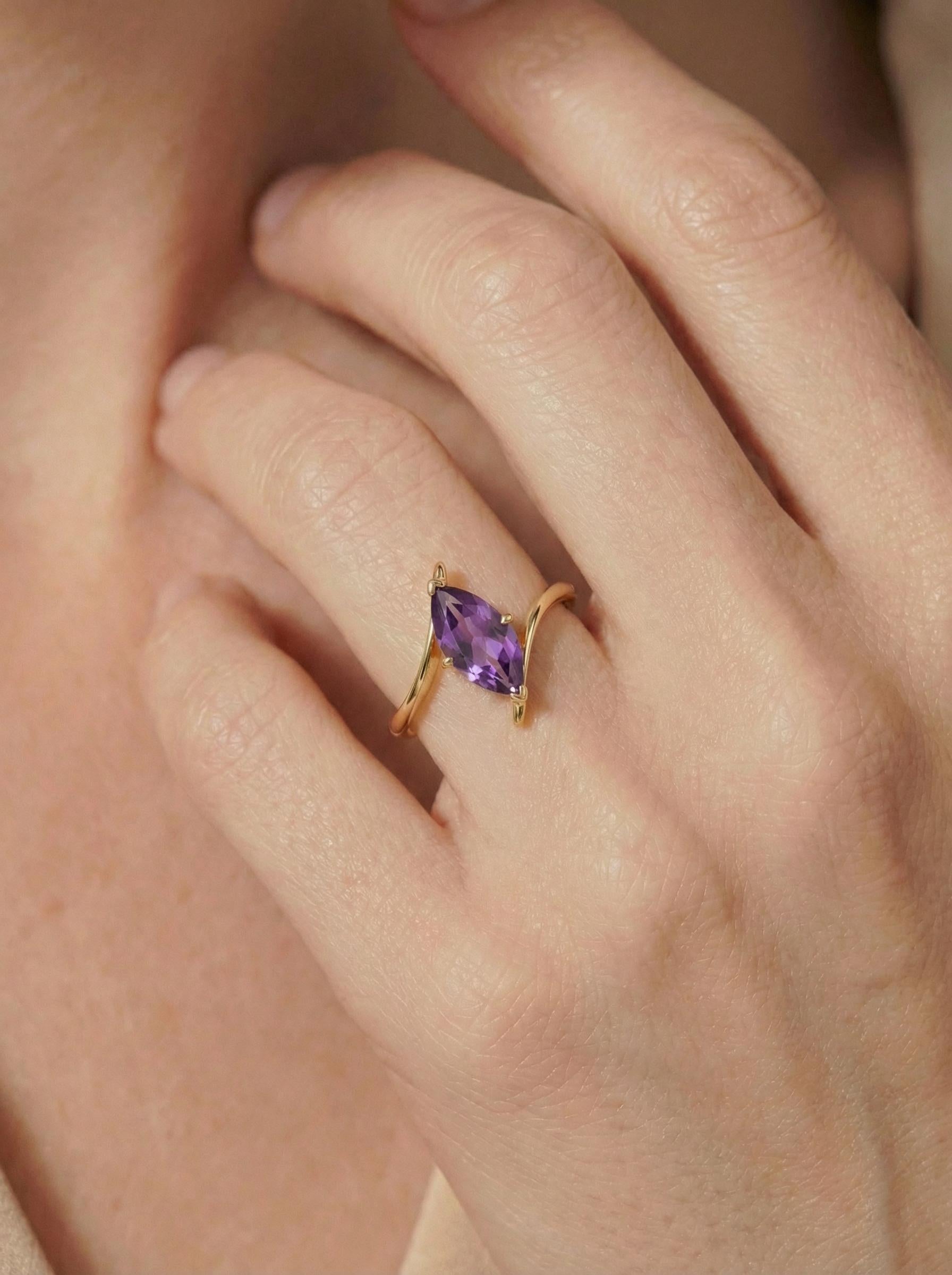 Marquise Amethyst Solitaire Ring 1.5ct | Curved Bypass 14K Gold Ring | February Birthstone Nature-Inspired Jewelry