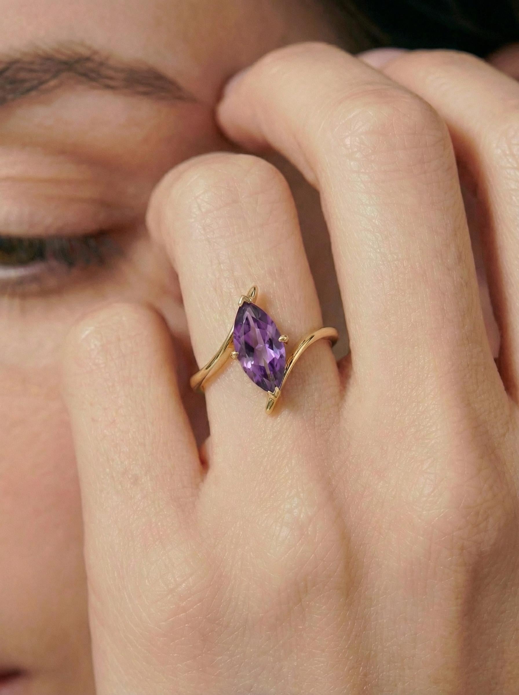 Marquise Amethyst Solitaire Ring 1.5ct | Curved Bypass 14K Gold Ring | February Birthstone Nature-Inspired Jewelry