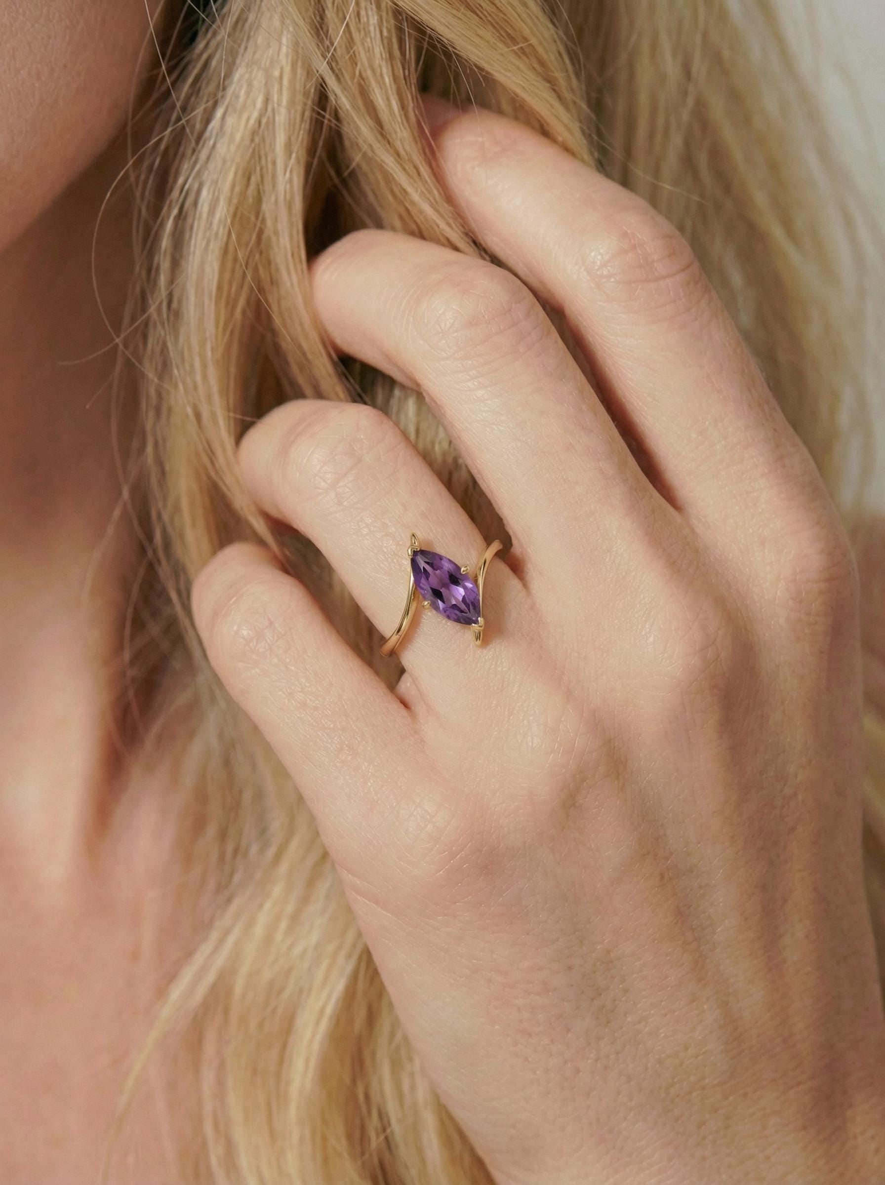 Marquise Amethyst Solitaire Ring 1.5ct | Curved Bypass 14K Gold Ring | February Birthstone Nature-Inspired Jewelry