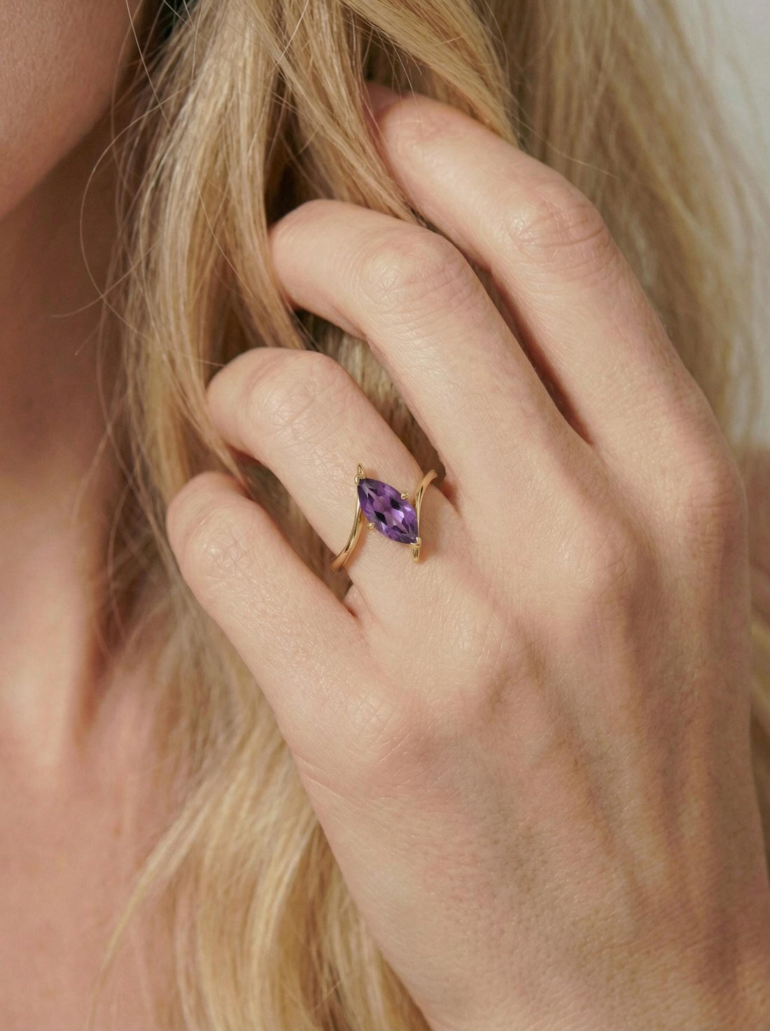 Marquise Amethyst Solitaire Ring 1.5ct | Curved Bypass 14K Gold Ring | February Birthstone Nature-Inspired Jewelry