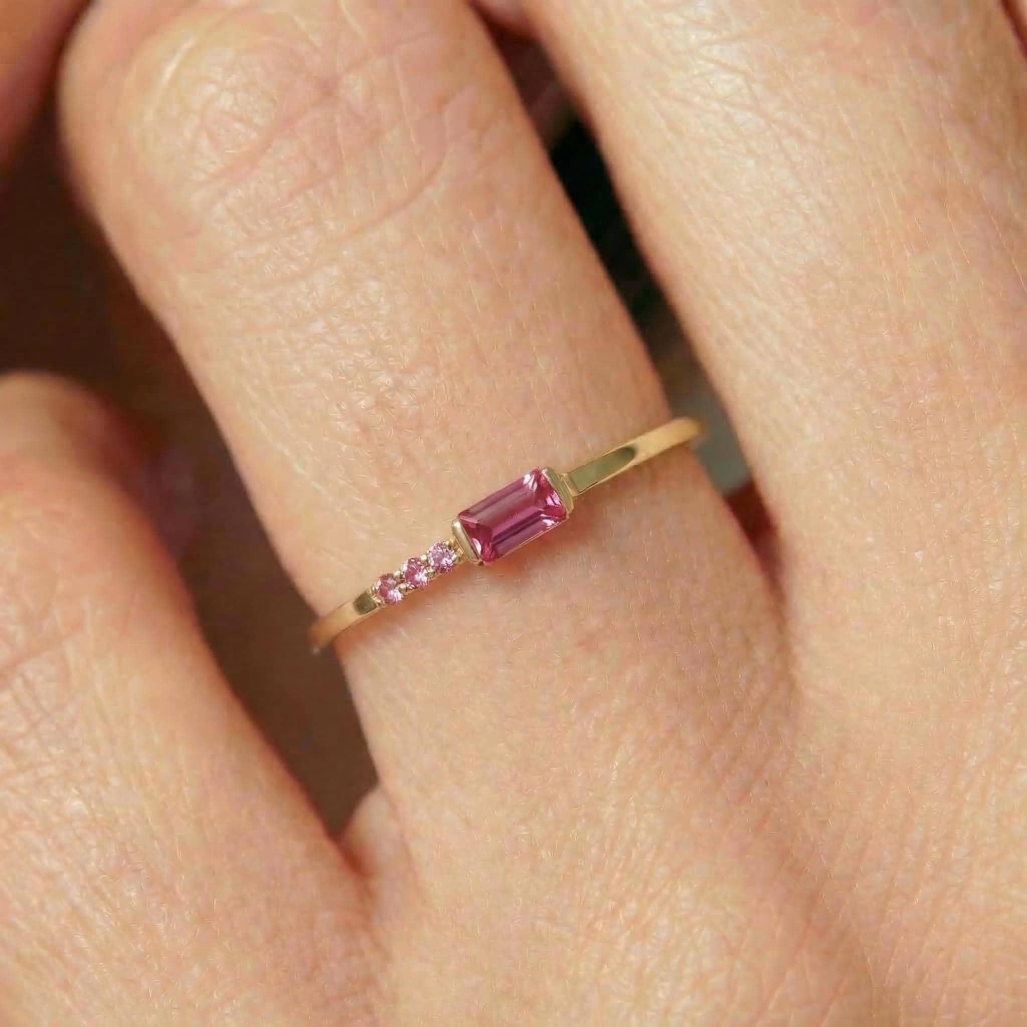 Minimalist Pink Tourmaline Ring | Baguette Cut Stackable Band | October Birthstone Dainty Jewelry Gift