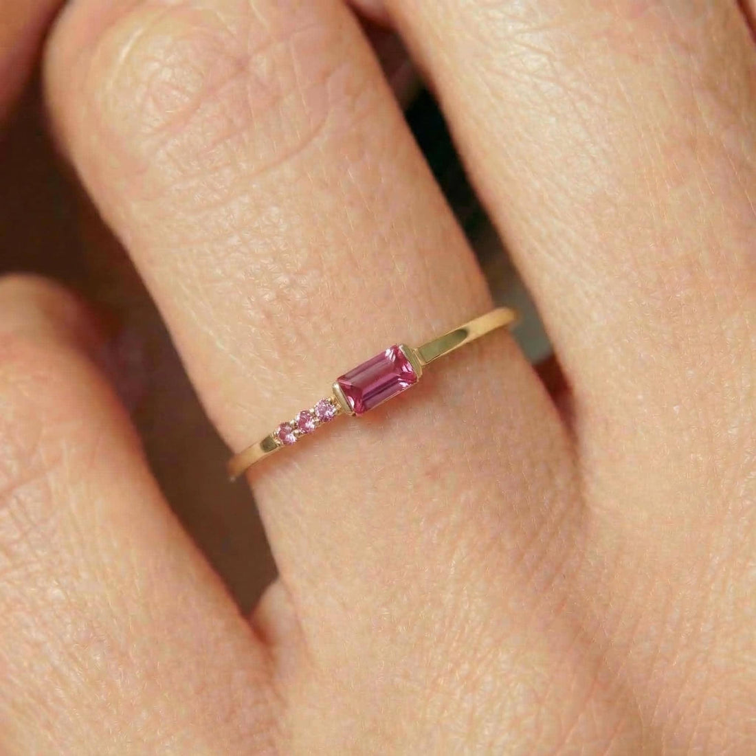 Minimalist Pink Tourmaline Ring | Baguette Cut Stackable Band | October Birthstone Dainty Jewelry Gift