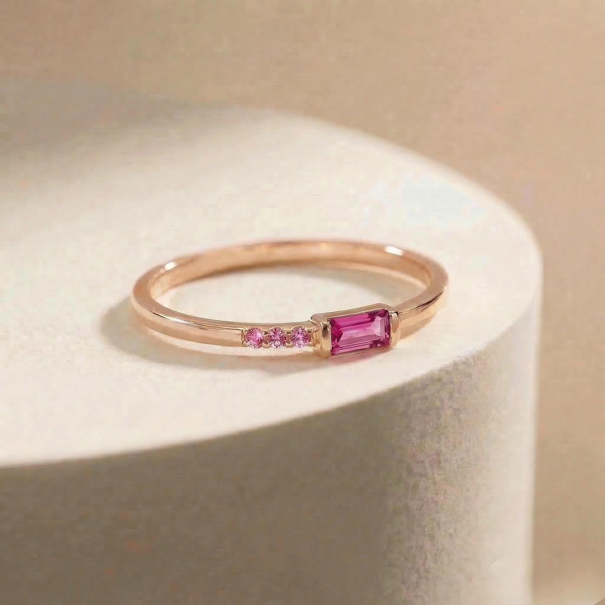 Minimalist Pink Tourmaline Ring | Baguette Cut Stackable Band | October Birthstone Dainty Jewelry Gift
