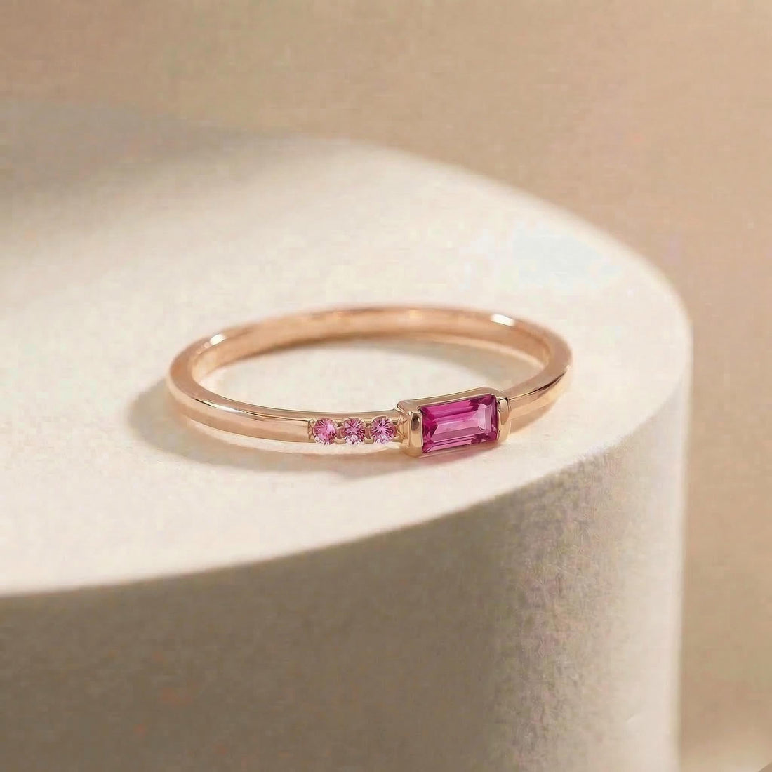 Minimalist Pink Tourmaline Ring | Baguette Cut Stackable Band | October Birthstone Dainty Jewelry Gift