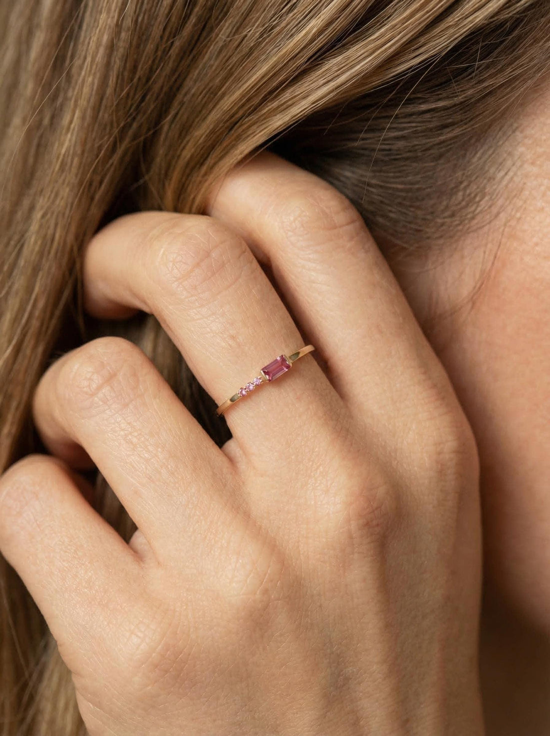 Minimalist Pink Tourmaline Ring | Baguette Cut Stackable Band | October Birthstone Dainty Jewelry Gift