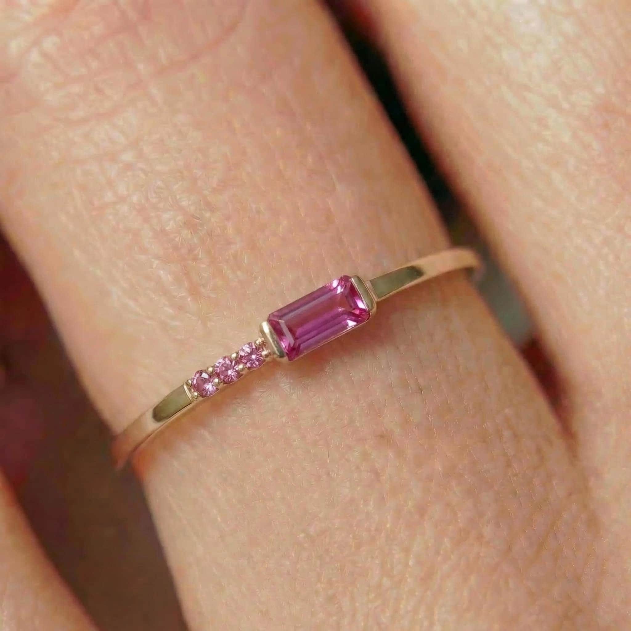 Minimalist Pink Tourmaline Ring | Baguette Cut Stackable Band | October Birthstone Dainty Jewelry Gift