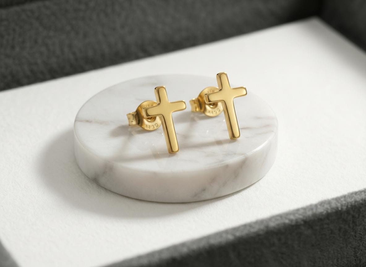 Elegant Minimalist Gold Cross Stud Earrings | 18K Christian Jewelry for Women | Religious Easter Gift Idea