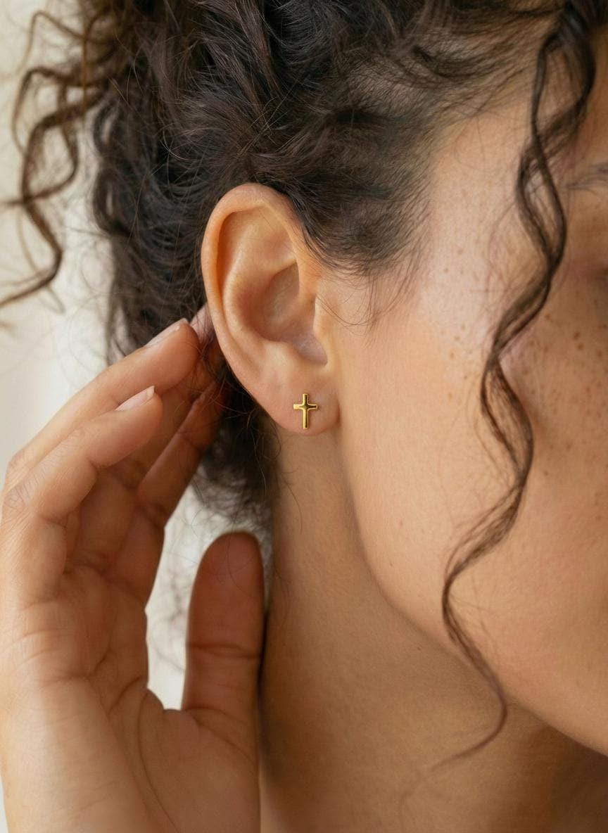 Elegant Minimalist Gold Cross Stud Earrings | 18K Christian Jewelry for Women | Religious Easter Gift Idea