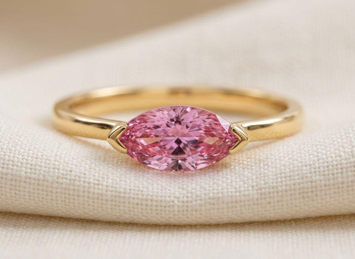 Dainty 1.0ct Morganite Ring | East West Marquise Solitaire in 14K Gold | Modern Engagement & Promise Ring