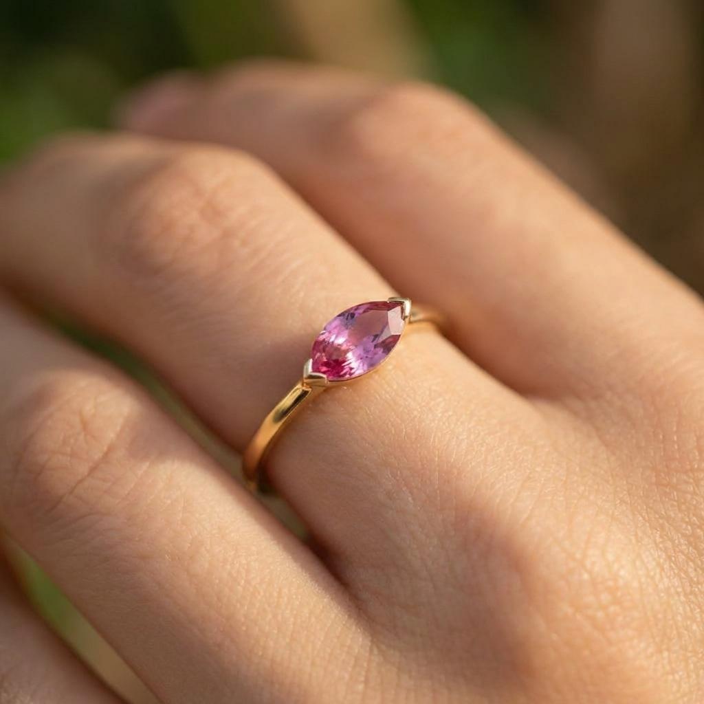 Dainty 1.0ct Morganite Ring | East West Marquise Solitaire in 14K Gold | Modern Engagement & Promise Ring