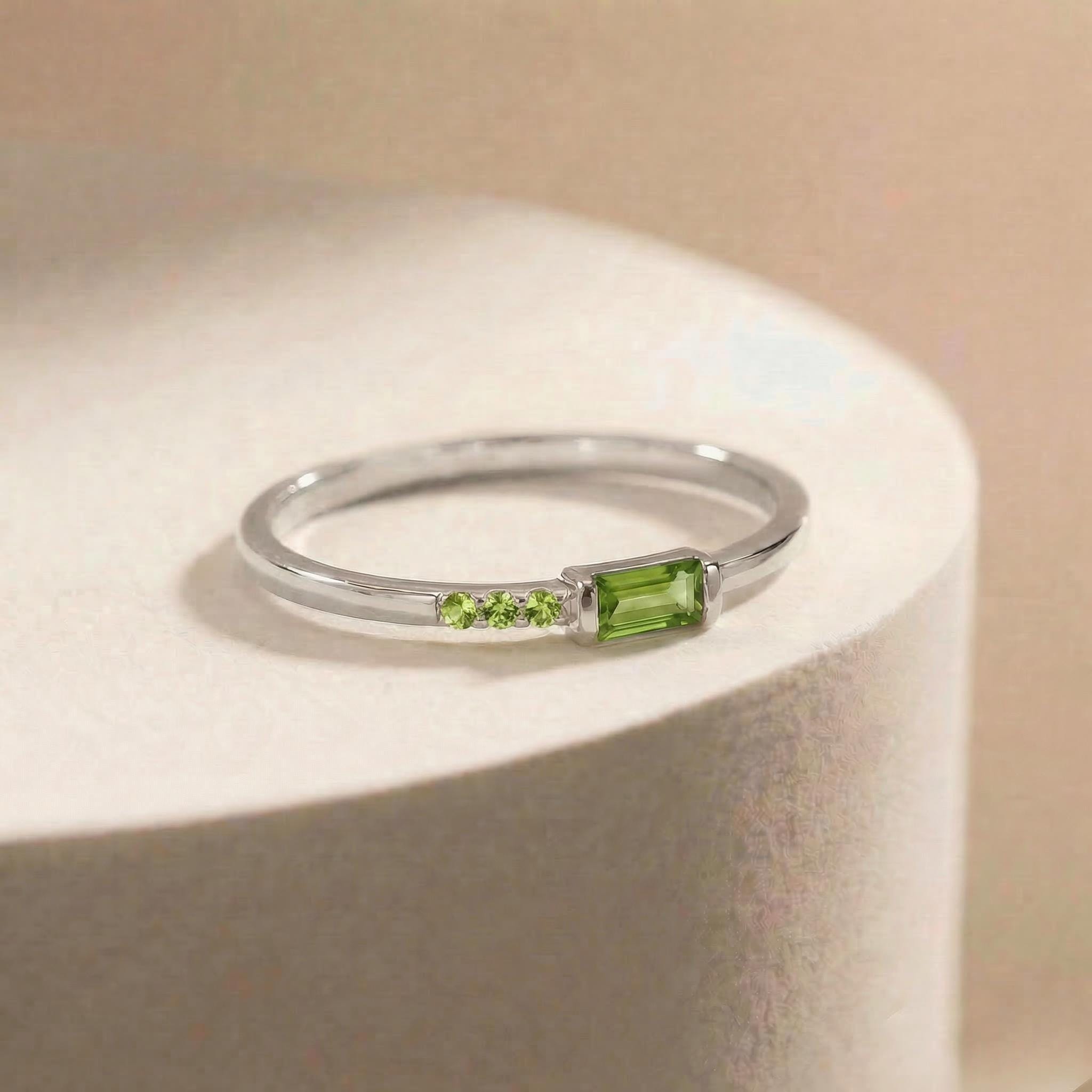 Dainty Baguette Peridot Ring | August Birthstone Minimalist Ring | Personalized Jewelry Gift for Mom or Wife