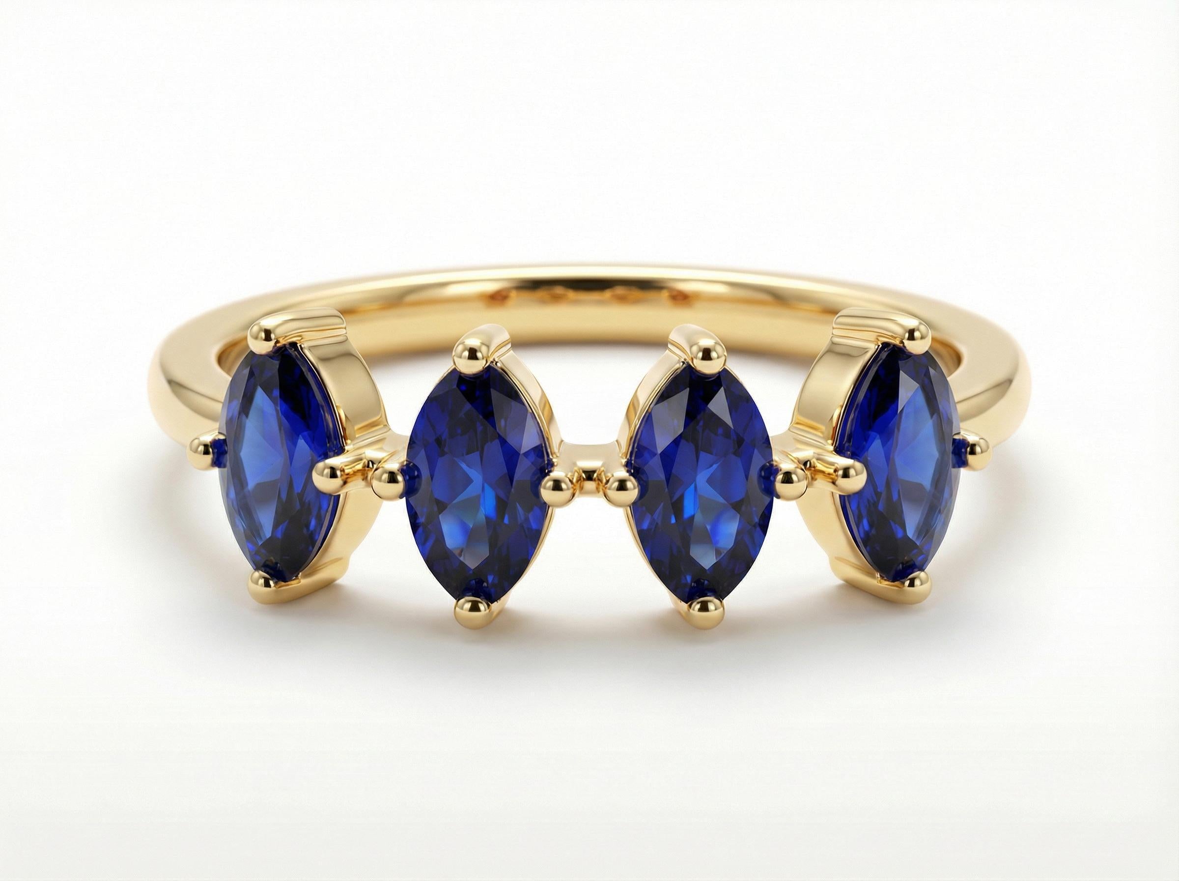 Blue Sapphire Ring 14k Gold, Marquise Wedding Band, Valentine Gift for Her, 4 Stone Anniversary Ring, September Birthstone, Romantic Jewelry