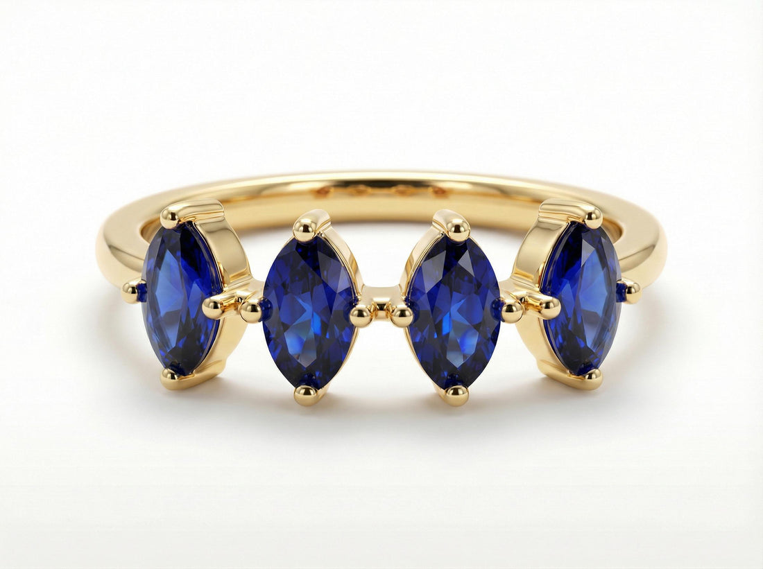 Blue Sapphire Ring 14k Gold, Marquise Wedding Band, Valentine Gift for Her, 4 Stone Anniversary Ring, September Birthstone, Romantic Jewelry