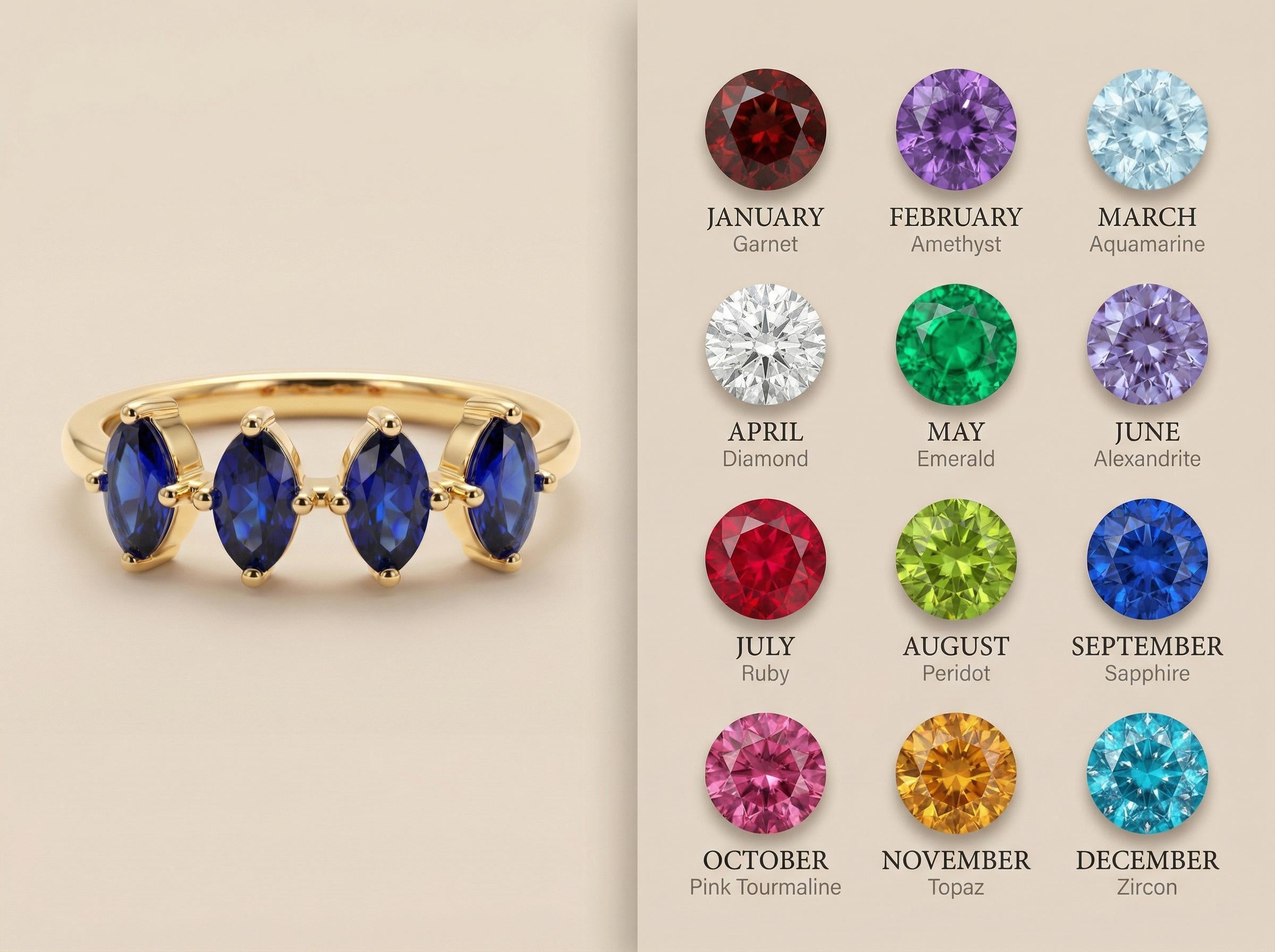 Blue Sapphire Ring 14k Gold, Marquise Wedding Band, Valentine Gift for Her, 4 Stone Anniversary Ring, September Birthstone, Romantic Jewelry