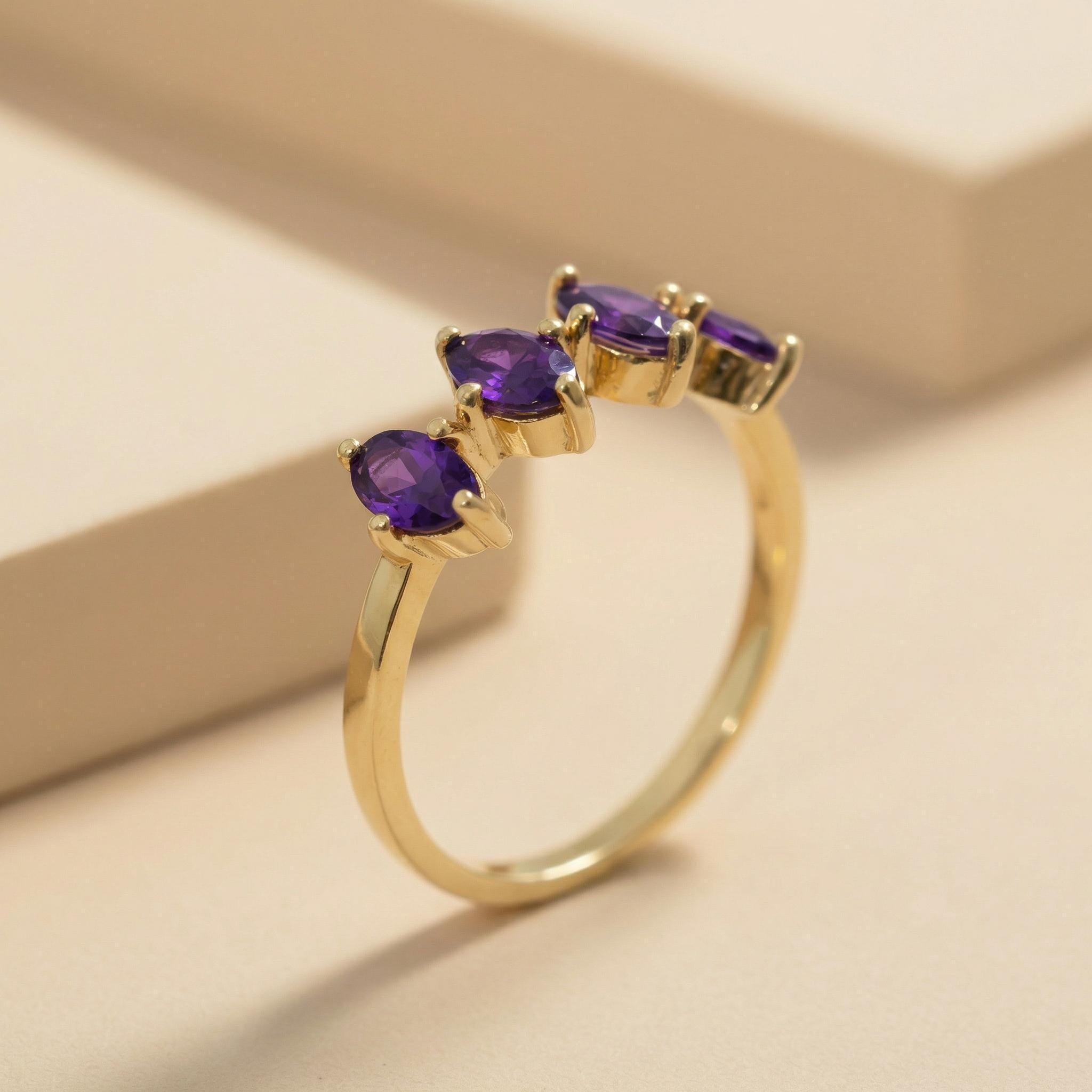 Marquise Amethyst Ring 14K Gold, 4 Stone Purple Gemstone Wedding Band, Art Deco February Birthstone Anniversary Gift, Unique Stacking Ring