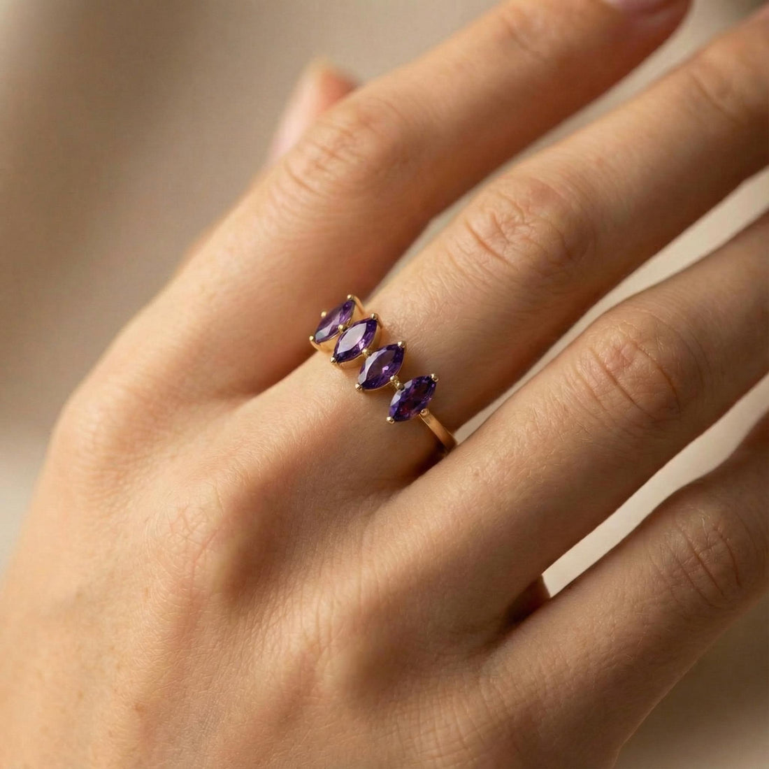Marquise Amethyst Ring 14K Gold, 4 Stone Purple Gemstone Wedding Band, Art Deco February Birthstone Anniversary Gift, Unique Stacking Ring