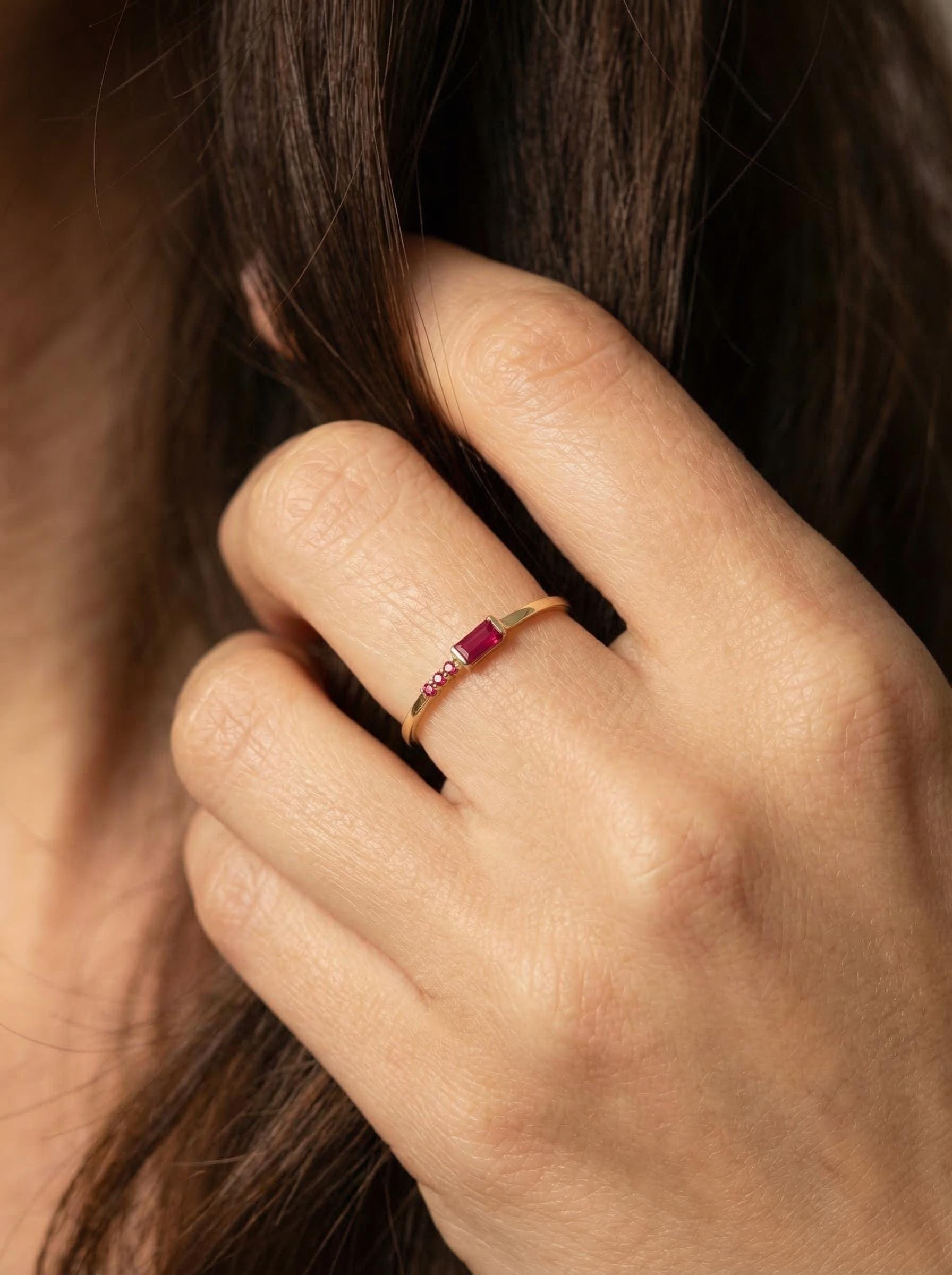 Baguette Ruby Ring | Dainty Minimalist July Birthstone Jewelry | Personalized Gift for Her | Mother’s Day Ring