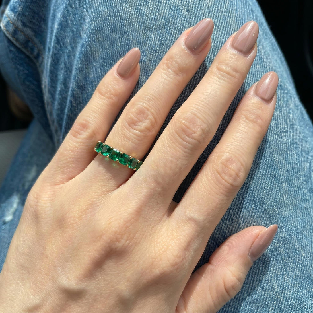 Cushion Cut Emerald Wedding Band, Full Eternity Stacking Ring for Women, 18K Gold Matching Ring, May Birthstone Gift