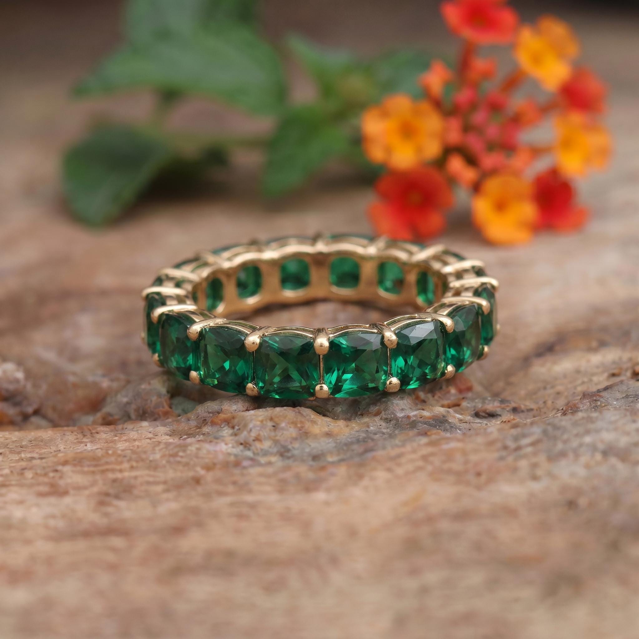 Cushion Cut Emerald Wedding Band, Full Eternity Stacking Ring for Women, 18K Gold Matching Ring, May Birthstone Gift