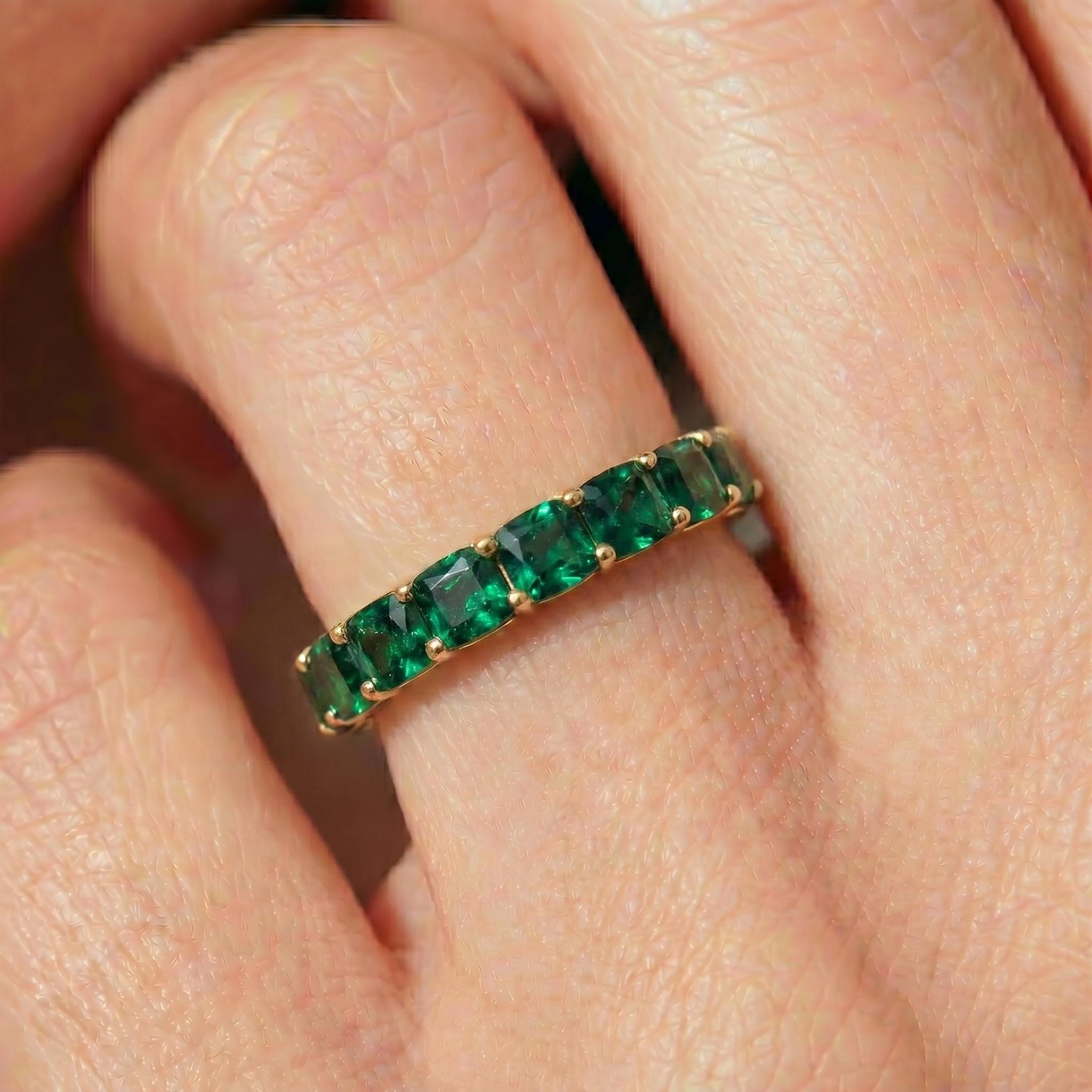 Cushion Cut Emerald Wedding Band, Full Eternity Stacking Ring for Women, 18K Gold Matching Ring, May Birthstone Gift