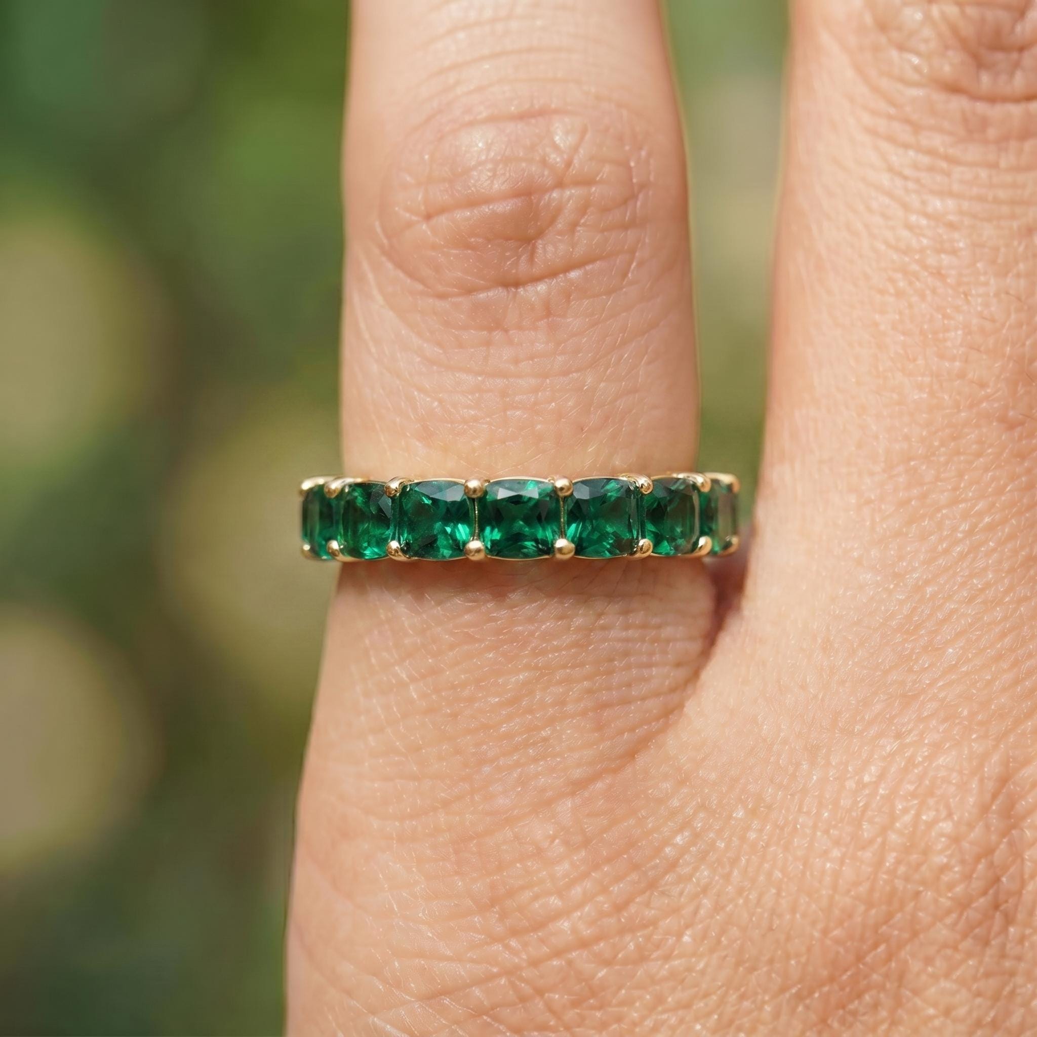 Cushion Cut Emerald Wedding Band, Full Eternity Stacking Ring for Women, 18K Gold Matching Ring, May Birthstone Gift