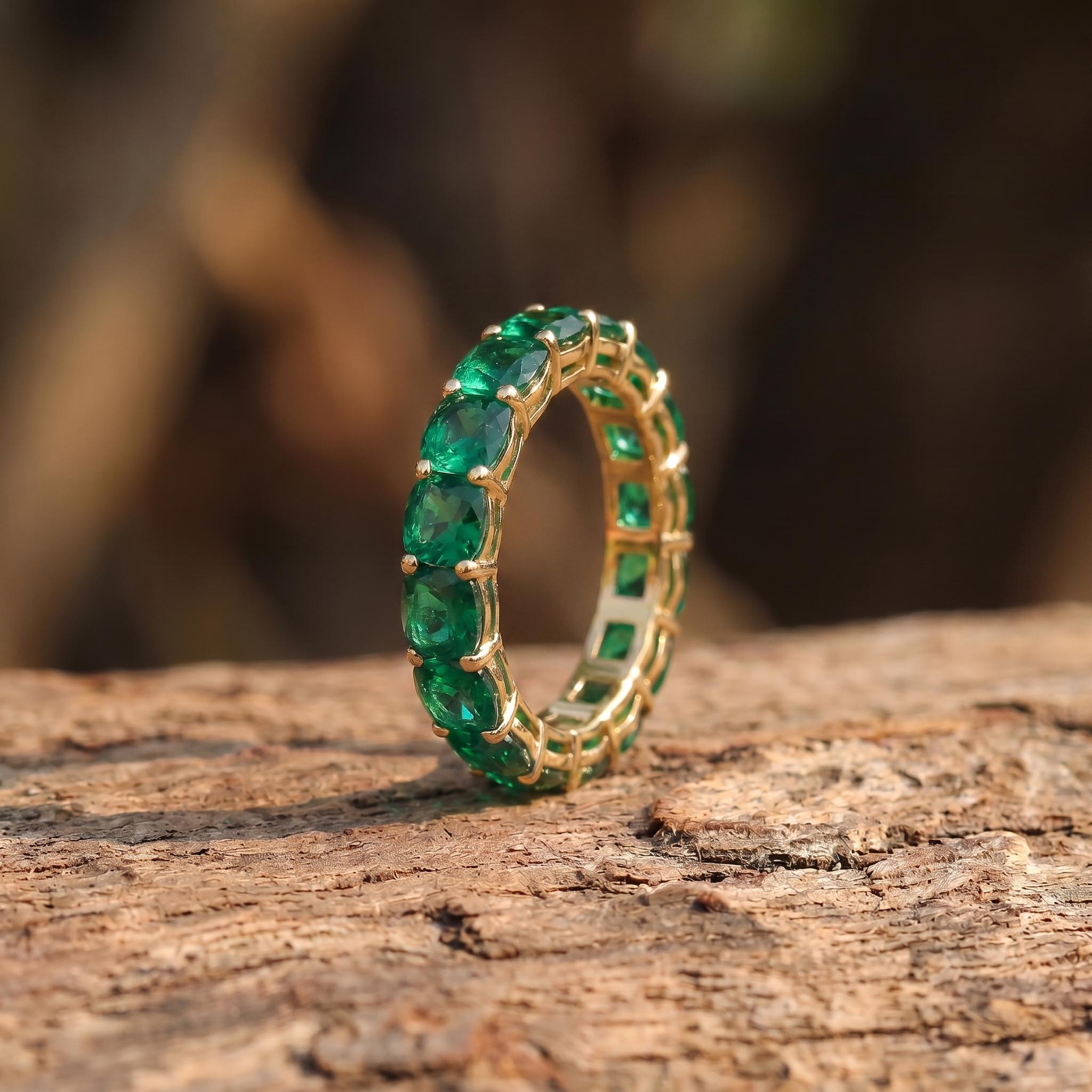 Cushion Cut Emerald Wedding Band, Full Eternity Stacking Ring for Women, 18K Gold Matching Ring, May Birthstone Gift