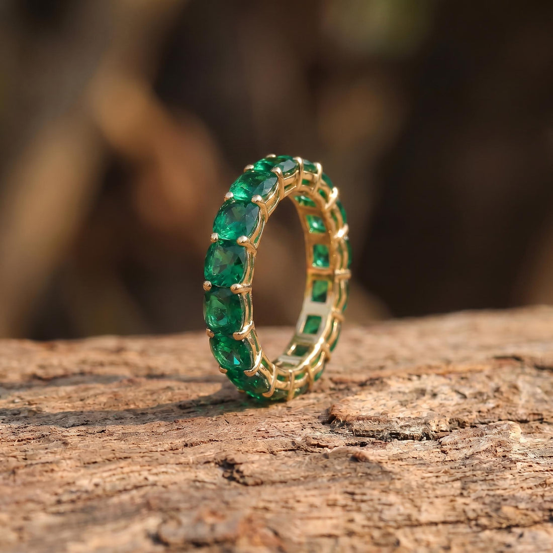Cushion Cut Emerald Wedding Band, Full Eternity Stacking Ring for Women, 18K Gold Matching Ring, May Birthstone Gift