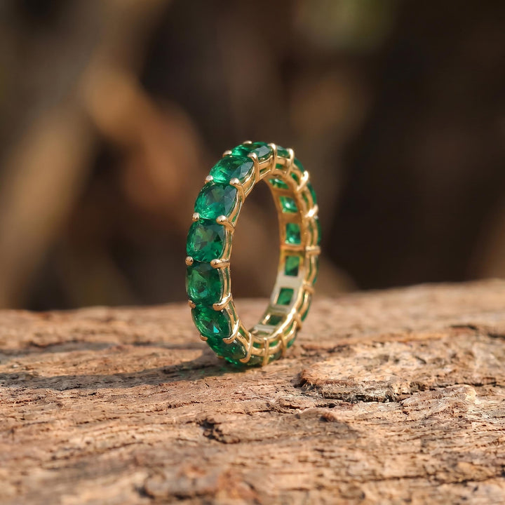 Cushion Cut Emerald Wedding Band, Full Eternity Stacking Ring for Women, 18K Gold Matching Ring, May Birthstone Gift