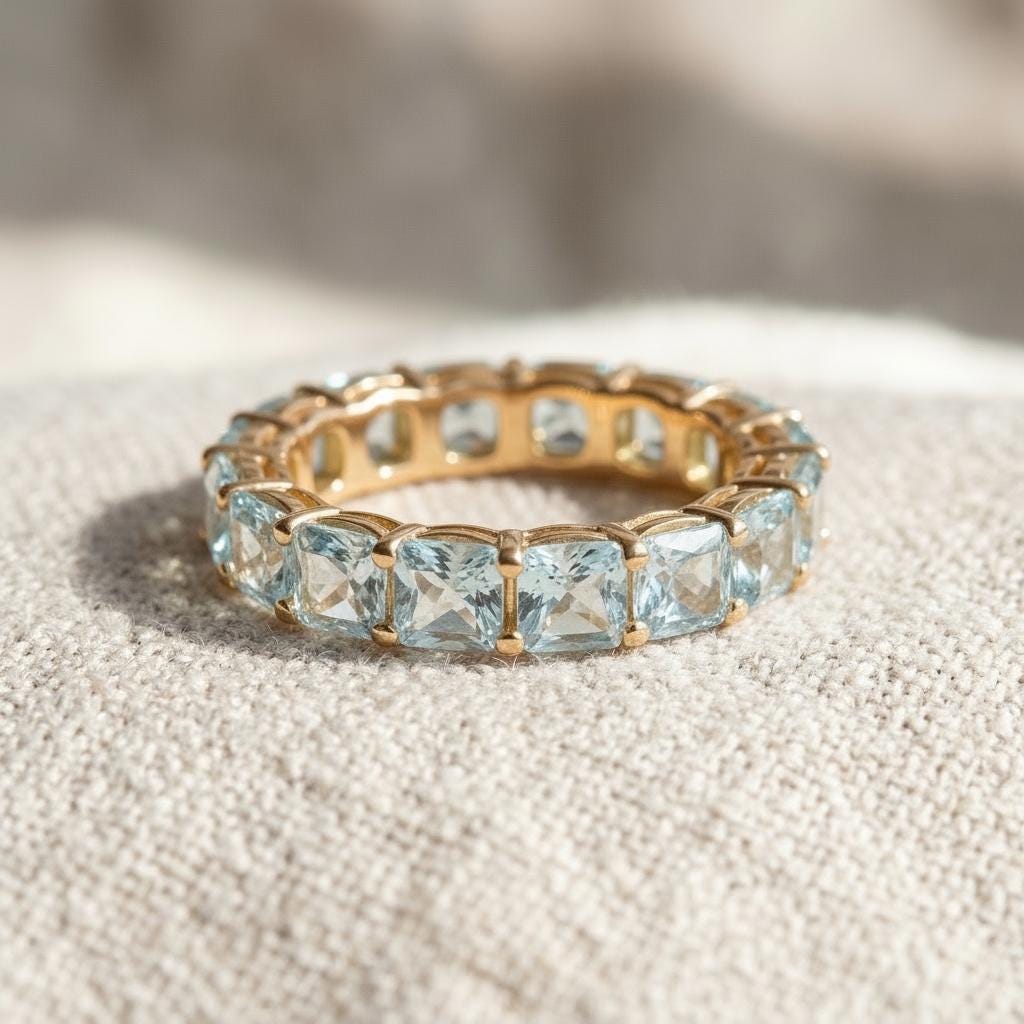 Cushion Cut Aquamarine Wedding Band, Full Eternity Stacking Ring for Women, 18K Gold Matching Ring, March Birthstone Gift