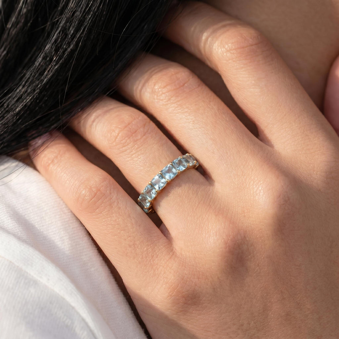 Cushion Cut Aquamarine Wedding Band, Full Eternity Stacking Ring for Women, 18K Gold Matching Ring, March Birthstone Gift
