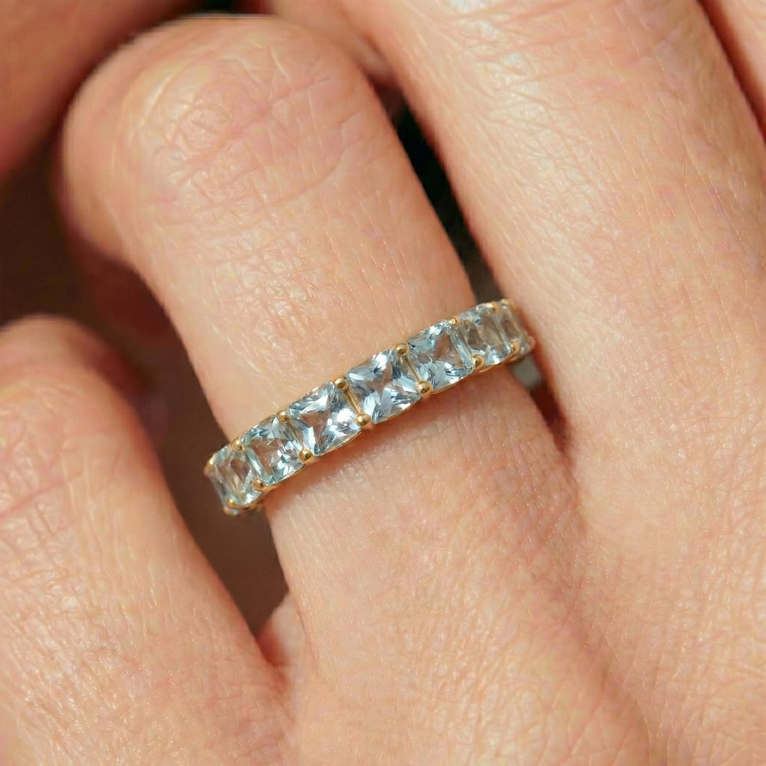 Cushion Cut Aquamarine Wedding Band, Full Eternity Stacking Ring for Women, 18K Gold Matching Ring, March Birthstone Gift